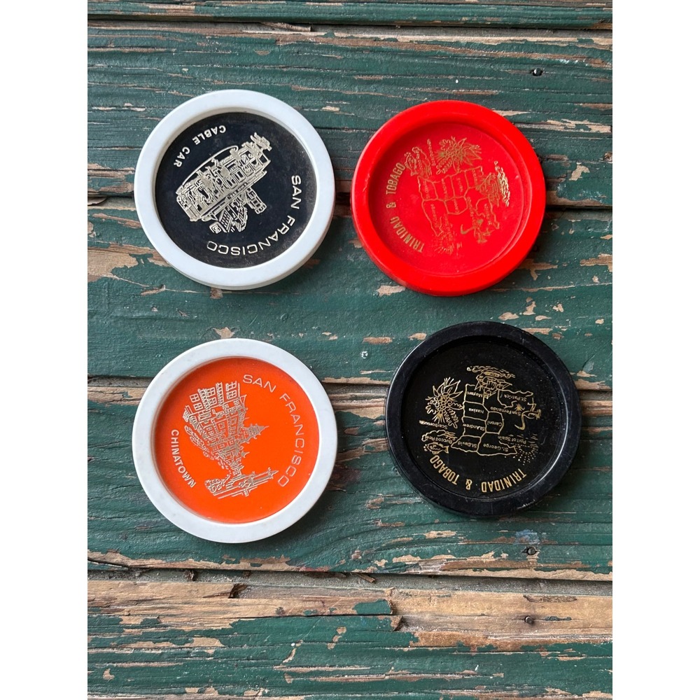 Vtg Travel Souvenir Coasters San Francisco Trinidad & Tobago Set of 4 Plastic